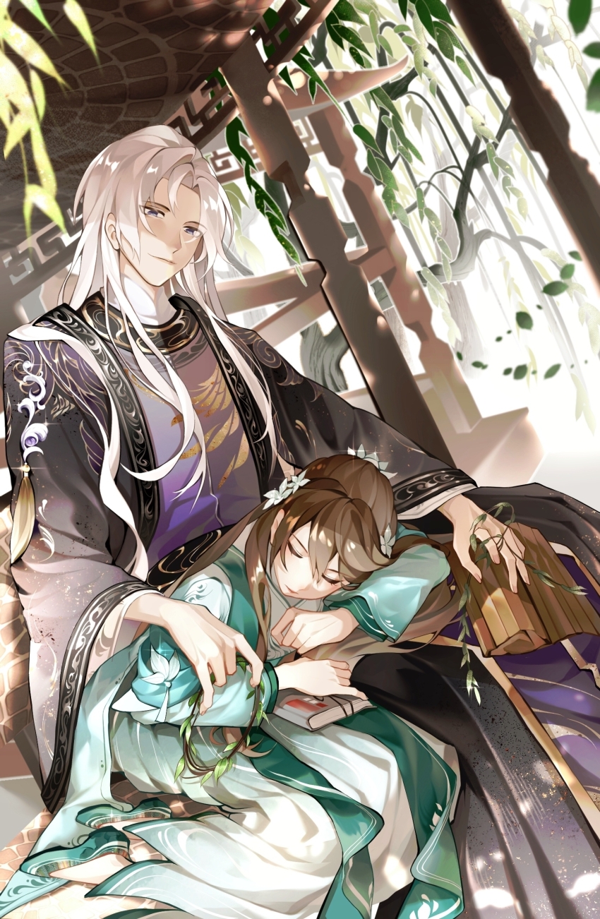 1boy, 1girl, absurdres, aqua_dress, aqua_hanfu, bamboo_slips, black_coat, book