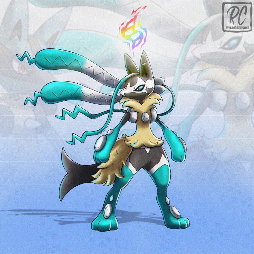 1other, animal_ears, black_fur, blue_eyes, blue_fur, body_fur, commentary, english_commentary, full_body, furry, gen_4_pokemon, highres, lucario, mega_evolution_symbol, mega_lucario_z, mega_pokemon, multicolored_fur, nintendo, pokemon, pokemon_(creature), pokemon_focus, rcortezdraws, solo, tail, yellow_fur, zoom_layer