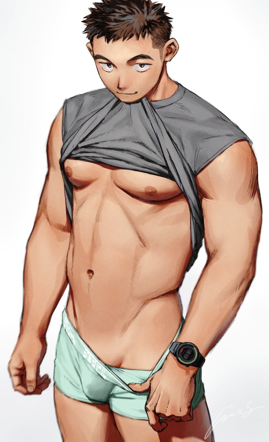 1boy, abs, bara, blue_male_underwear, brown_eyes, brown_hair, closed_mouth, clothes_lift