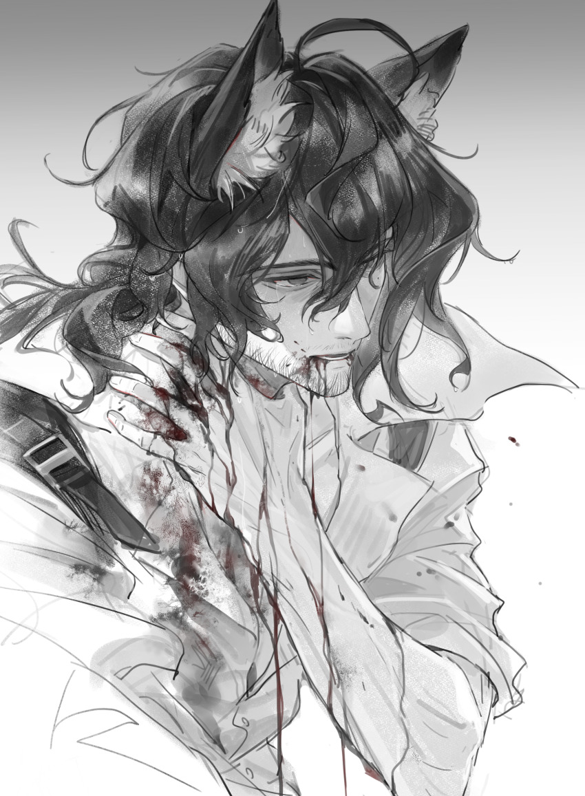 1boy, animal_ears, arknights, beard_stubble, bleeding, blood, blood_from_mouth, blood_on_clothes