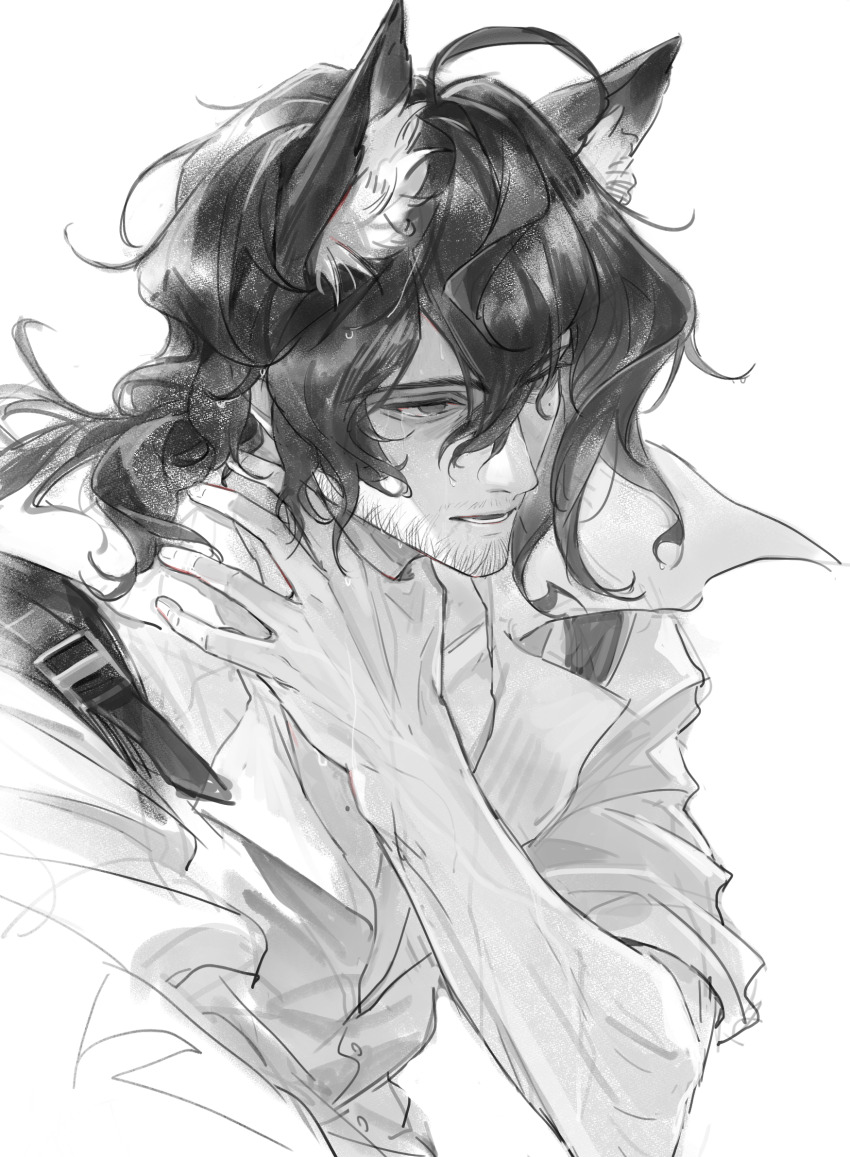 1boy, animal_ears, arknights, beard_stubble, chinese_commentary, collarbone, commentary_request, facial_hair, fox_boy, fox_ears, greyscale, hair_between_eyes, hand_on_own_neck, highres, lishijiu, long_hair, looking_ahead, male_focus, mature_male, mole, mole_on_chest, mole_under_eye, monochrome, nowell_(arknights), open_collar, parted_lips, scar, scar_on_arm, simple_background, sleeve_garter, sleeves_rolled_up, solo, sparse_stubble, stubble, sweat, toned, toned_male, upper_body, wavy_hair, white_background, wing_collar