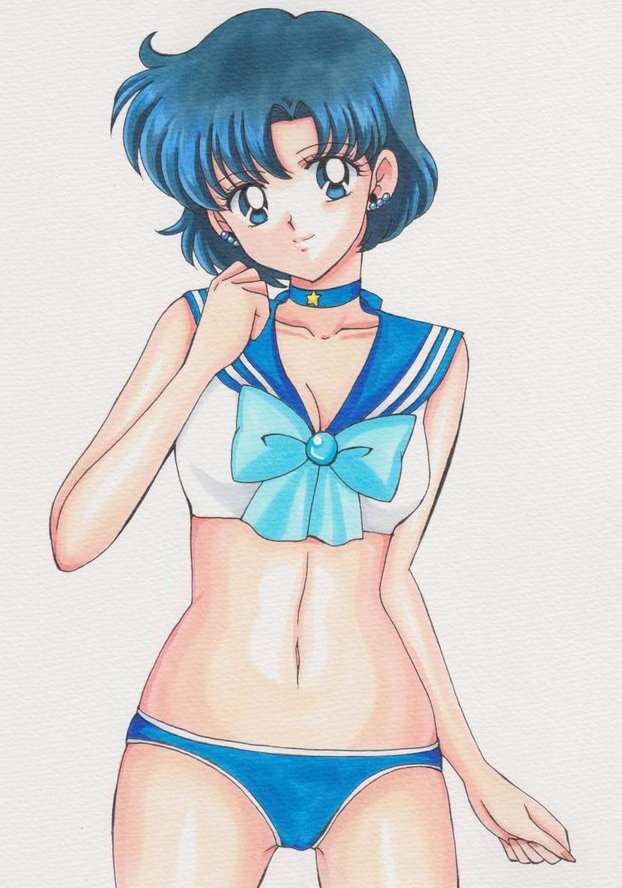 1girl, bishoujo_senshi_sailor_moon, blue_bow, blue_eyes, blue_hair, blue_panties, bow, bra