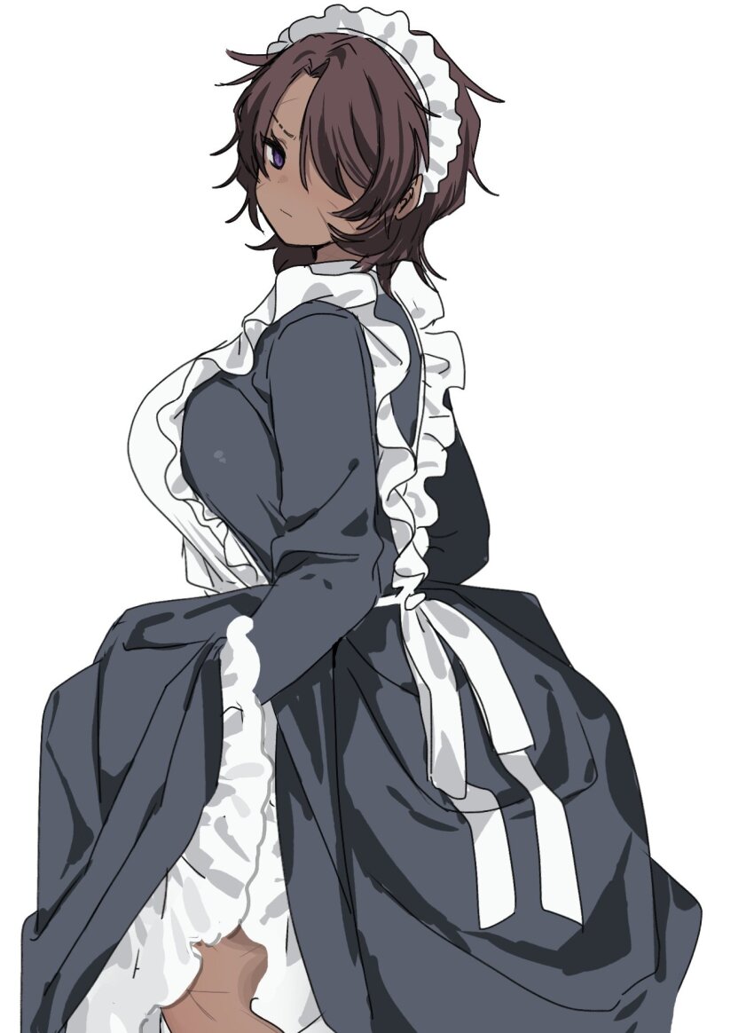 1girl, alternate_costume, apron, black_eyes, breasts, brown_hair, clothes_lift, curtained_hair