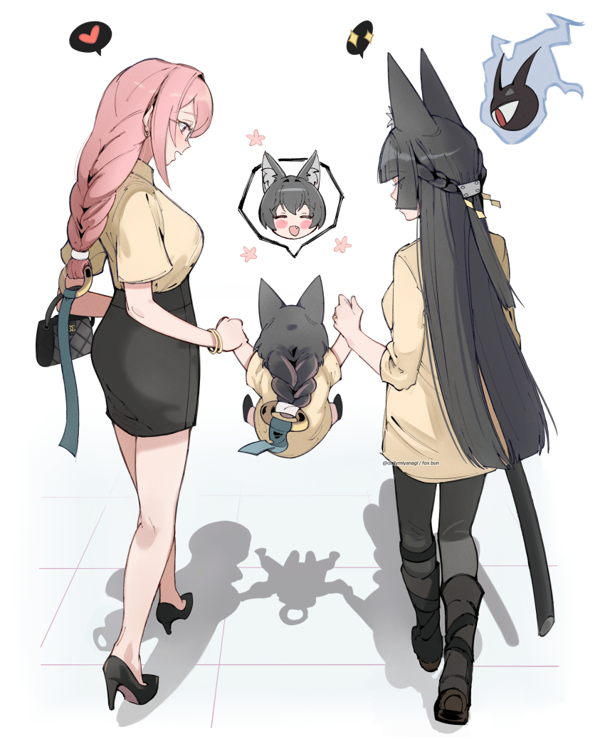 3girls, absurdres, alternate_costume, animal_ear_fluff, animal_ears, bag, black_bag, black_hair