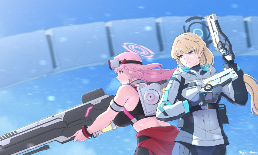 1other, 2girls, absurdres, arm_up, armband, belt_pouch, black_armband, black_coat, black_gloves, black_sports_bra, blonde_hair, blue_archive, blue_eyes, blue_gloves, blue_halo, breasts, closed_mouth, coat, commentary, detached_sleeves, eimi_(armed)_(blue_archive), eimi_(blue_archive), english_commentary, expressionless, floating_hair, from_side, gloves, gun, halo, hand_up, handgun, head-mounted_display, highres, holding, holding_gun, holding_weapon, hood, hood_down, hooded_coat, large_breasts, long_hair, long_sleeves, mechanical_arms, multicolored_coat, multiple_girls, navel, nightingery, official_alternate_costume, official_alternate_hairstyle, pink_eyes, pink_hair, pink_halo, pouch, railgun, single_detached_sleeve, single_mechanical_arm, sitting, sky, snow, solo, sports_bra, stomach, toki_(blue_archive), toki_(armed)_(blue_archive), very_long_hair, visor_lift, weapon, white_coat, winter_clothes, yesod_(blue_archive)