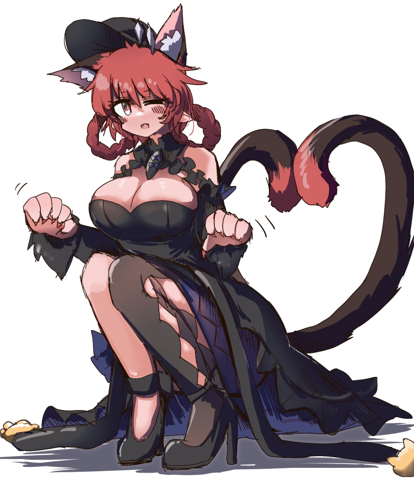 1girl, absurdres, animal_ear_fluff, artist_name, bare_shoulders, black_dress, black_hat, black_shoes