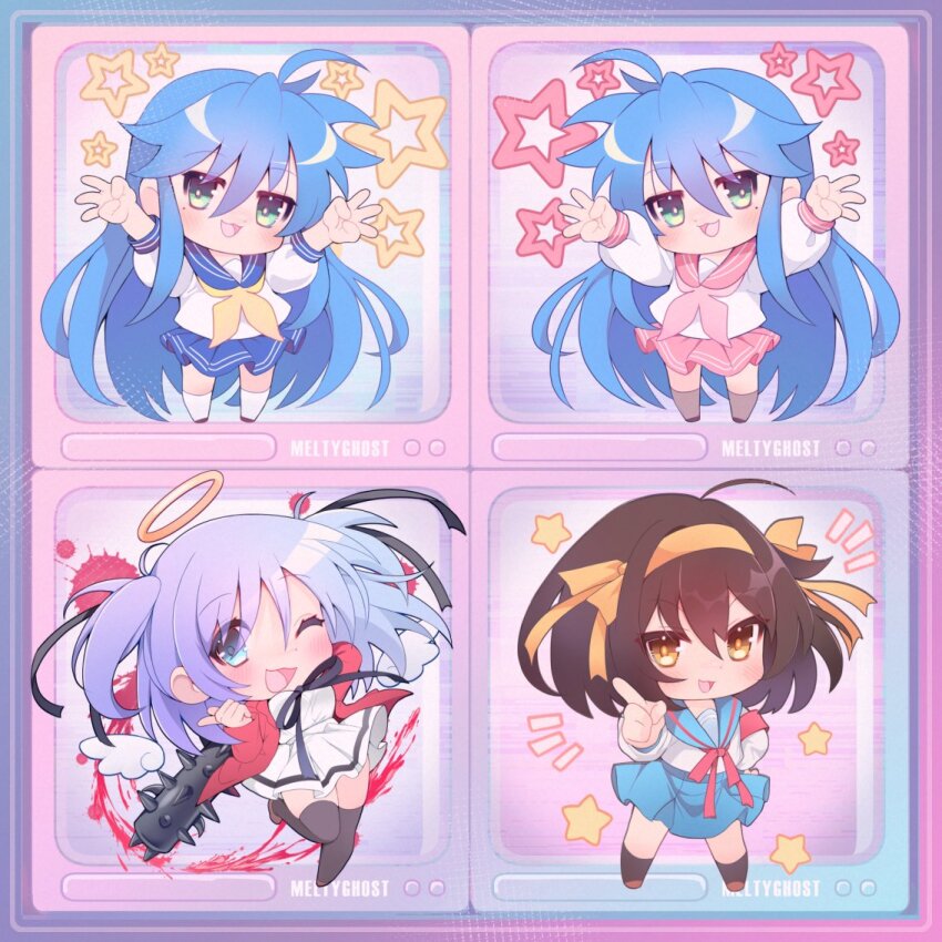 4girls, ahoge, blood, blue_eyes, blue_hair, blue_sailor_collar, blue_skirt, blush