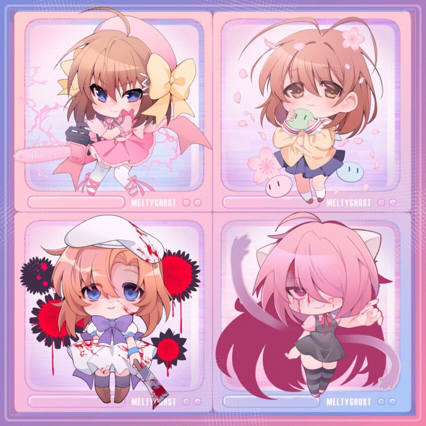 4girls, ahoge, animal_ears, antenna_hair, black_dress, blood, blood_on_face, blue_skirt