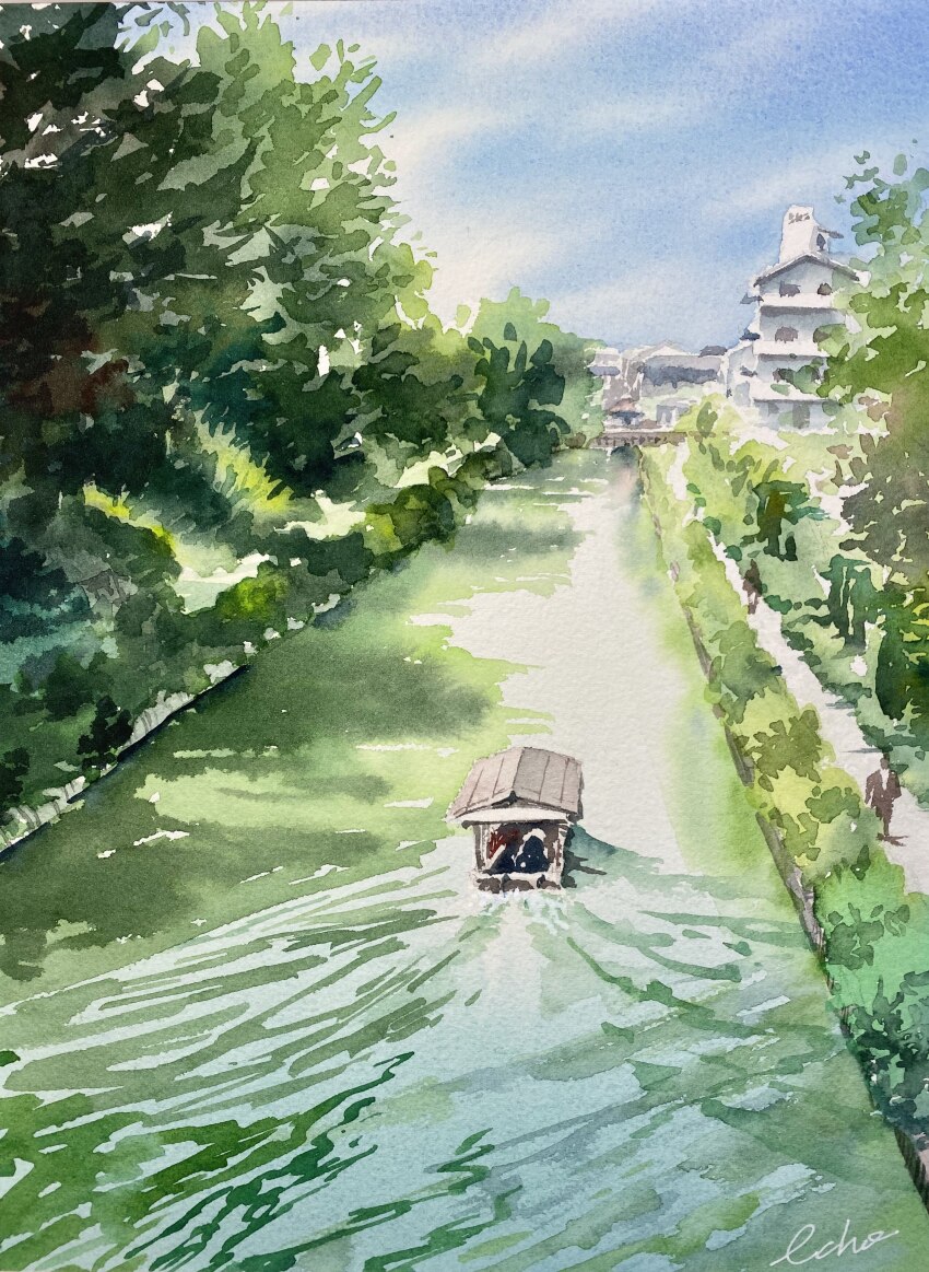 absurdres, blue_sky, boat, commentary_request, day, echowater, highres, kyoto