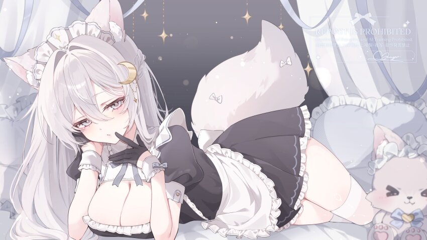 1girl, animal_ears, apron, black_dress, black_gloves, breasts, cleavage, cleavage_cutout