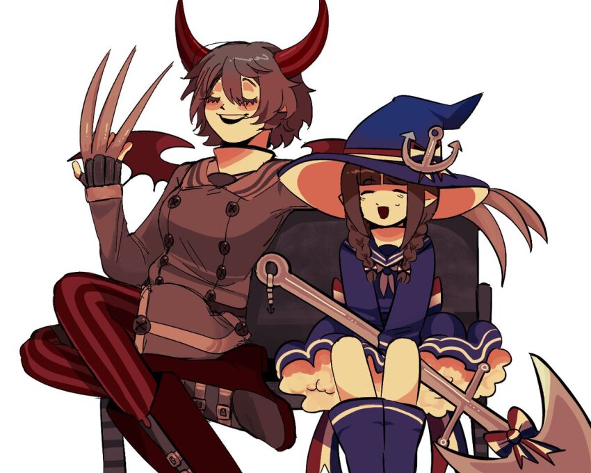 2girls, anchor, anchor_hat_ornament, back_bow, bench, blue_boots, blue_hat, blue_sailor_collar