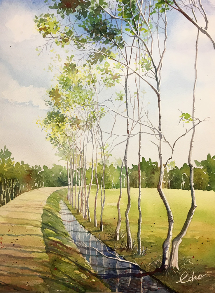 cloud, cloudy_sky, commentary_request, day, echowater, hokkaido, no_humans, original, outdoors, painting_(medium), path, real_world_location, road, scenery, signature, sky, traditional_media, tree, watercolor_(medium)