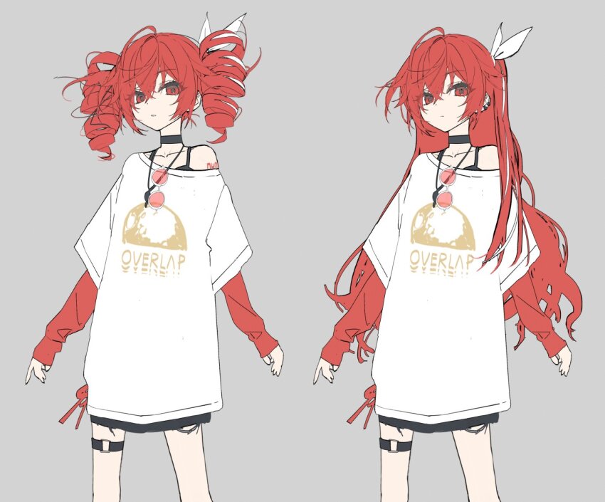 1girl, alternate_costume, alternate_hairstyle, belt, black_tank_top, choker, commentary, drill_hair, ear_piercing, english_text, kasane_teto, kasane_teto_(sv), kieed, looking_at_viewer, multiple_views, oversized_clothes, oversized_shirt, piercing, red_eyes, red_hair, red_sleeves, ribbon, shirt, skinny_legs, spaghetti_strap, sunglasses, untranslatable_commentary, synthesizer_v, t-shirt, tank_top, tattoo, thigh_belt, thigh_strap, twin_drills, unworn_eyewear, utau, white_ribbon, white_shirt