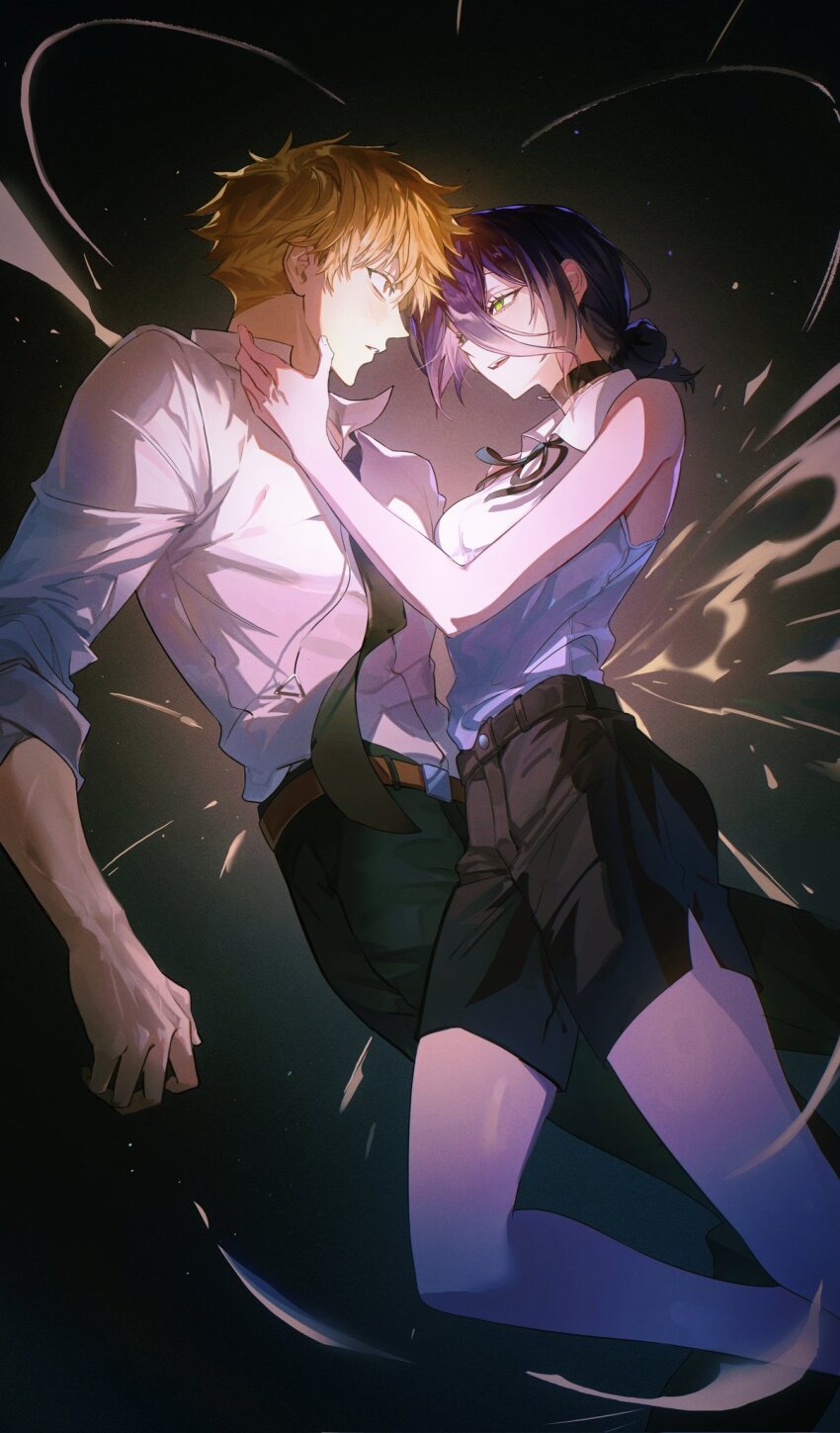 1boy, 1girl, belt, black_choker, black_necktie, black_pants, black_ribbon, blonde_hair, brown_belt, chainsaw_man, choker, collared_shirt, couple, dao8_33, denji_(chainsaw_man), eye_contact, from_side, green_eyes, grenade_pin, hair_between_eyes, hair_bun, hashtag-only_commentary, heart, hetero, highres, looking_at_another, neck_ribbon, necktie, pants, parted_lips, purple_hair, reze_(chainsaw_man), ribbon, shirt, shirt_tucked_in, short_hair, sleeveless, sleeveless_shirt, teeth, white_shirt