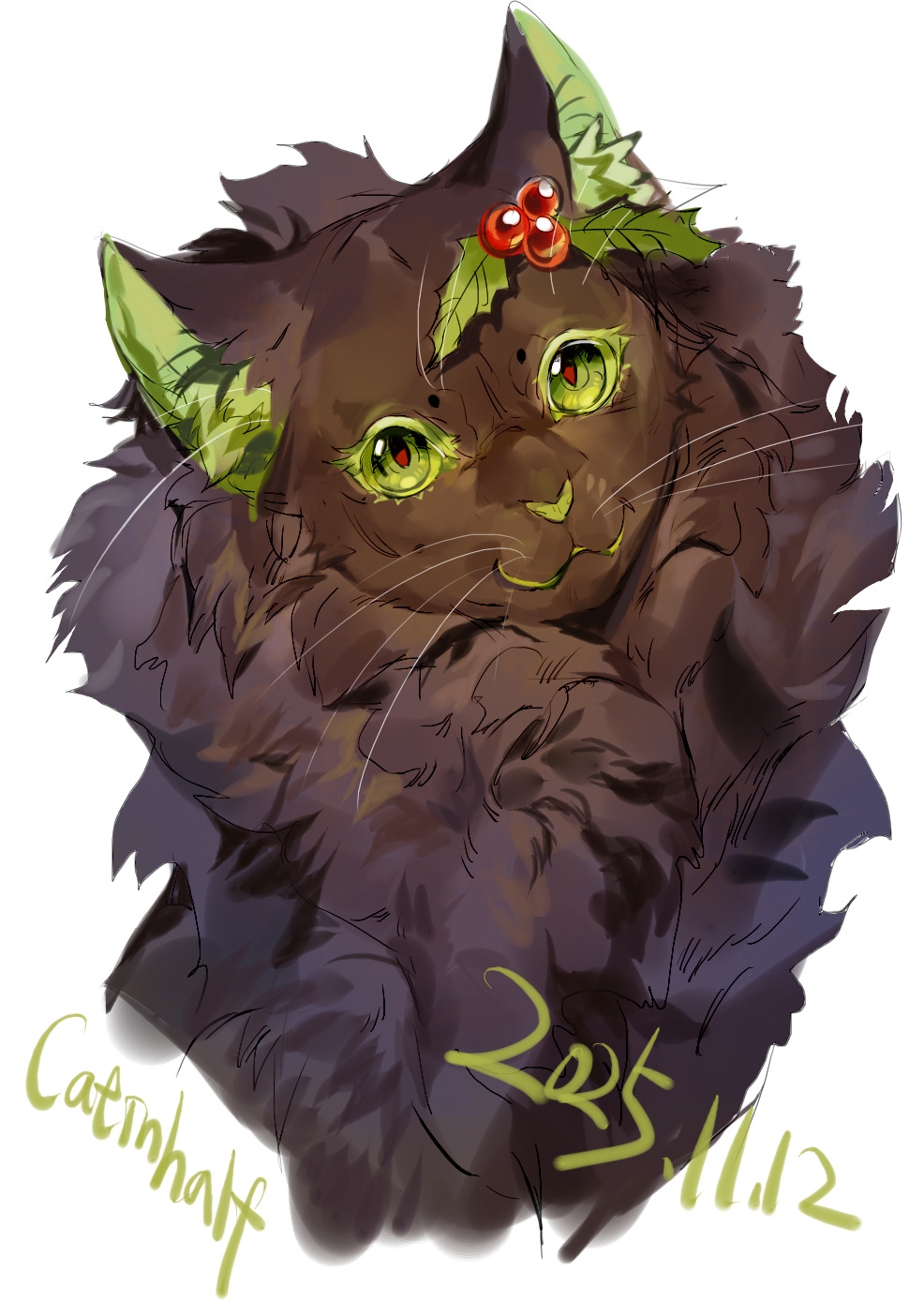 animal, animal_focus, black_cat, cat, chinese_commentary, commentary_request, cropped_shoulders, dated, fluffy, green_eyes, hair_ornament, highres, holly, holly_hair_ornament, hollyleaf, leaf, looking_at_viewer, miaolegedianmiddot808, no_humans, power_of_three, red_pupils, signature, solo, warrior_cats, whiskers