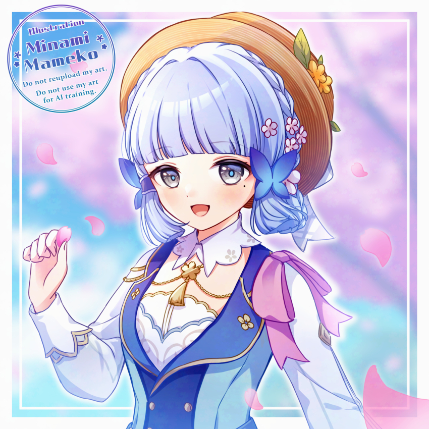 1girl, ayaka_(genshin_impact), blue_hair, blunt_tresses, blush, commentary_request, falling_petals, genshin_impact