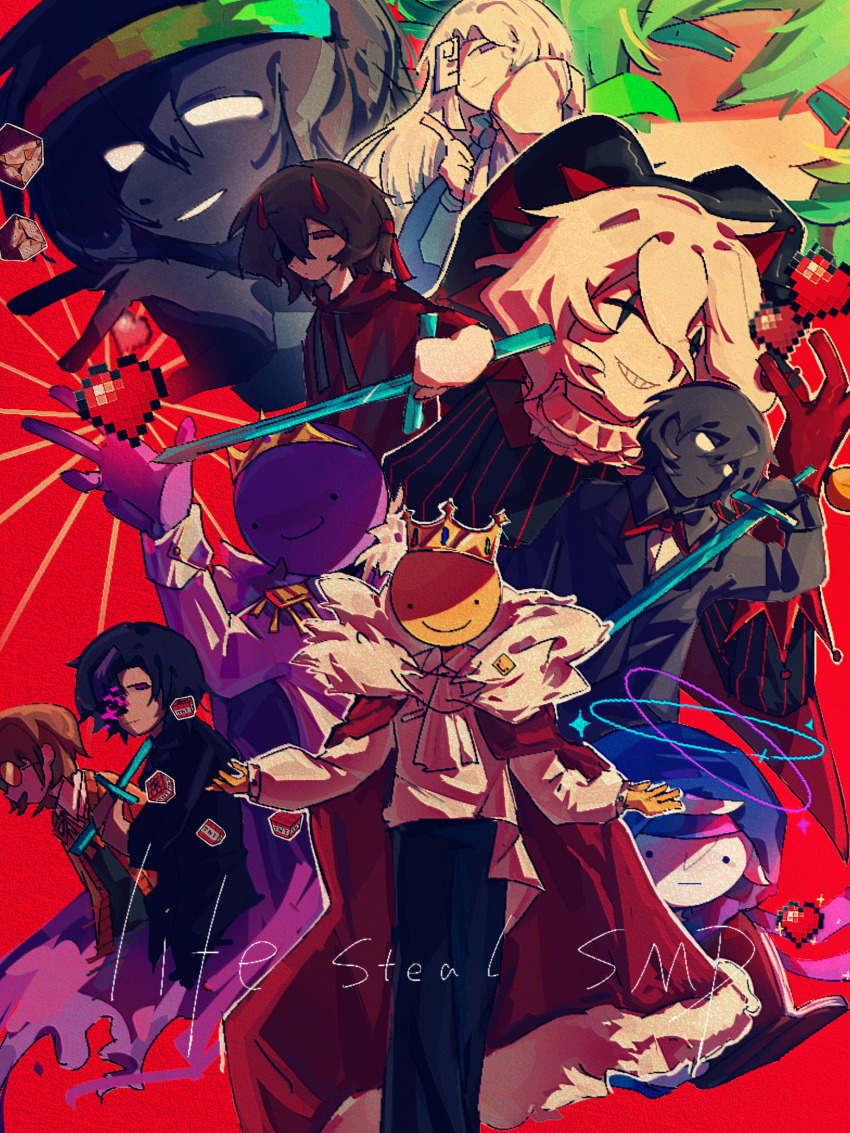 1girl, 6+boys, absurdres, animification, ashswag, black_hair, black_skin, blank_eyes