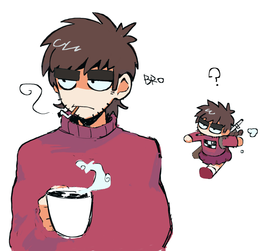 1boy, alternate_hair_length, alternate_hairstyle, beard_stubble, black_eyes, braid, brown_hair, chibi, chinese_commentary, cigarette, commentary_request, cosplay, crossdressing, crossdressing_(mtf), cup, eddsworld, english_text, facial_hair, highres, holding, holding_cup, jitome, long_hair, long_sleeves, madotsuki, madotsuki_(cosplay), male_focus, mug, multiple_views, paul_(eddsworld), poodle_(lofter_1389564), red_shoes, red_skirt, red_sweater, shoes, short_hair, simple_background, single_braid, skirt, smoking, socks, solo_focus, stubble, sweater, thick_eyebrows, walking, white_background, white_socks, yume_nikki