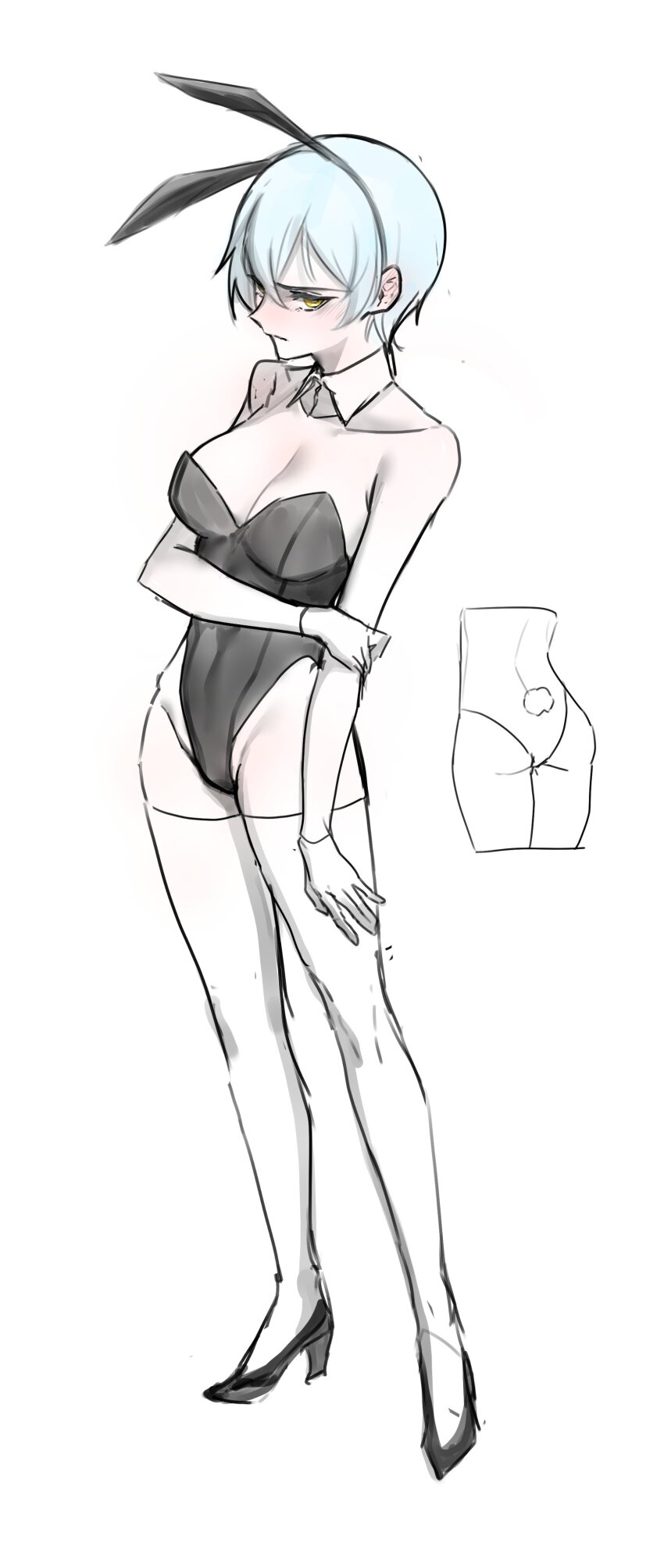 1girl, absurdres, angela_(project_moon), animal_ears, black_leotard, black_shoes, blue_hair, fake_animal_ears