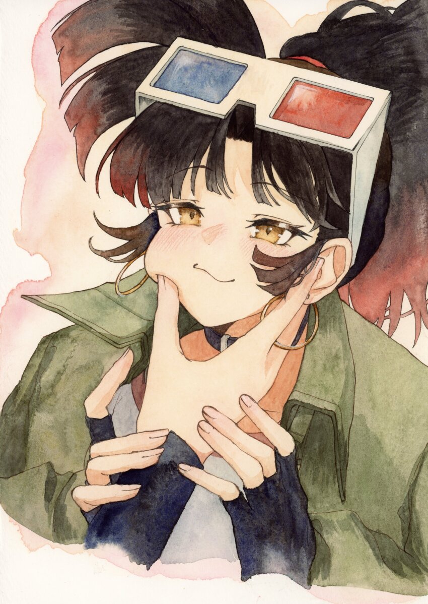 1girl, 1other, 3d_glasses, :3, absurdres, an-an_lee, black_gloves, black_hair, commentary_request, earrings, eyewear_on_head, fingerless_gloves, gloves, green_jacket, hakamori_shishamo, hand_on_another's_cheek, hand_on_another's_face, hands_up, highres, holding_another's_wrist, hoop_earrings, jacket, jewelry, long_hair, looking_at_viewer, painting_(medium), ponytail, reverse:1999, shirt, solo_focus, traditional_media, upper_body, watercolor_(medium), white_shirt, yellow_eyes