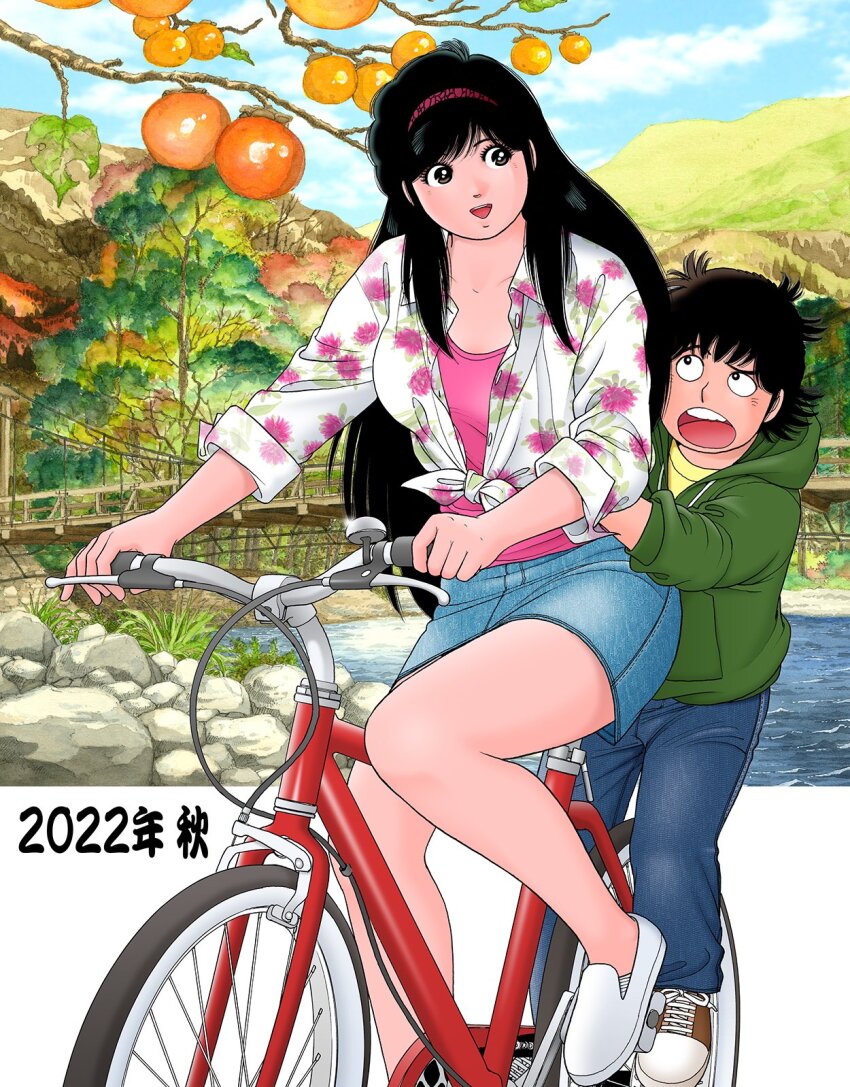 1boy, 1girl, 2022, aoba_shunsuke, asaoka_natsumi, bicycle, black_eyes, black_hair, blue_pants, blue_skirt, bridge, brown_eyes, brown_shoes, commentary_request, denim, denim_skirt, drawstring, floral_print, floral_print_shirt, food, fruit, green_jacket, hairband, hand_on_another's_waist, height_difference, highres, hood, hooded_jacket, jacket, leaf, long_hair, looking_at_another, mandarin_orange, miniskirt, miura_mitsuru, new_year, official_artist_extra, open_clothes, open_jacket, open_mouth, pants, pencil_skirt, pink_hairband, pink_shirt, print_shirt, riding, riding_bicycle, shirt, shoes, short_hair, skirt, sleeves_rolled_up, smile, sneakers, teeth, the_kabocha_wine, tied_shirt, upper_teeth_only, white_shirt, white_shoes, yellow_shirt