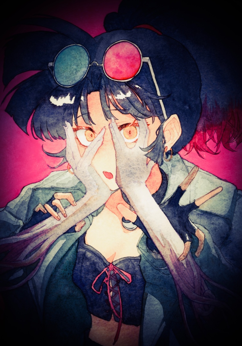 1girl, :o, an-an_lee, black_gloves, black_hair, black_shirt, breasts, cleavage