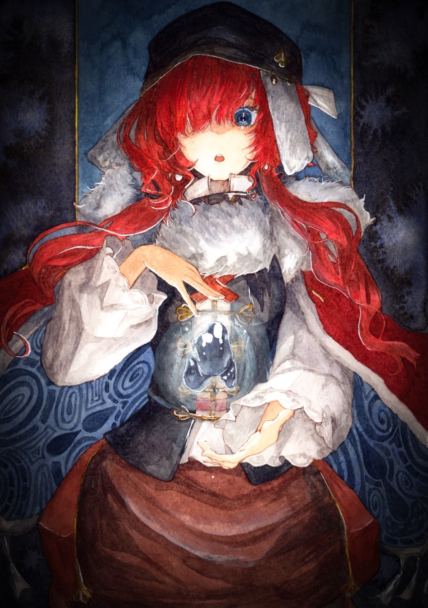 1girl, :o, black_hat, black_vest, blue_eyes, cape, commentary_request, dark_background