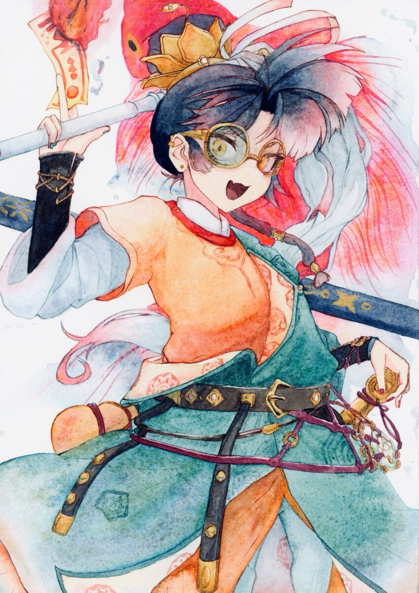 1girl, :d, an-an_lee, an-an_lee_(between_clouds_and_pine_trees), belt, black_belt, black_hair, chinese_clothes