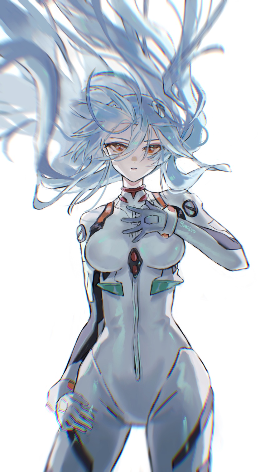 1girl, absurdres, ayanami_rei, blue_hair, bodysuit, breasts, commentary_request, floating_hair