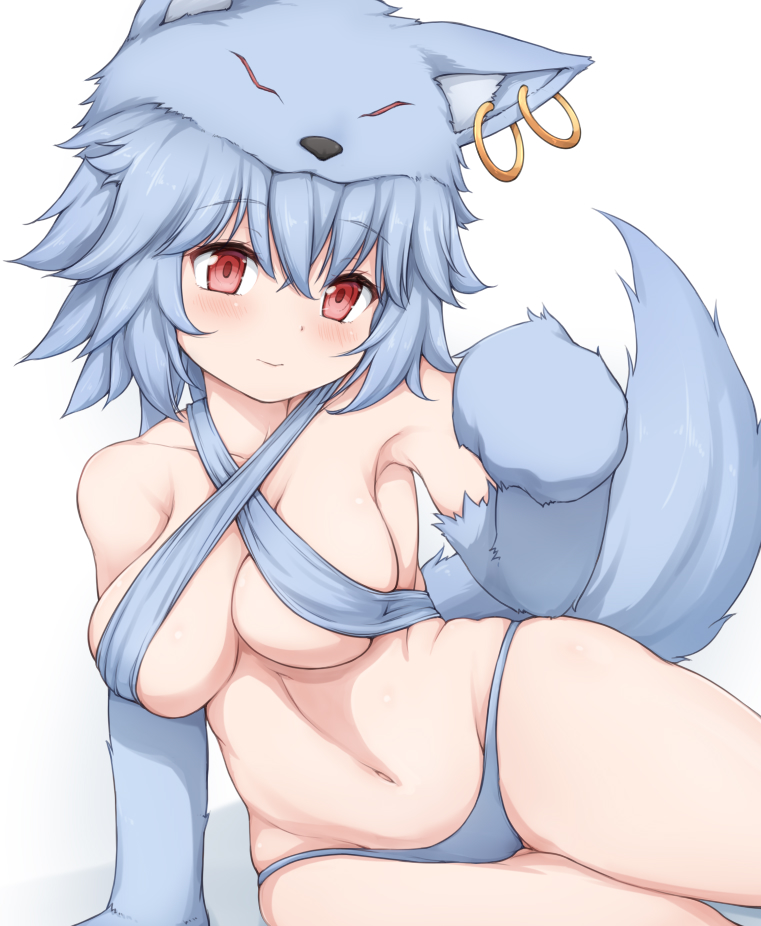 1girl, animal_ears, animal_hands, blue_bra, blue_hair, blue_panties, blush, bra