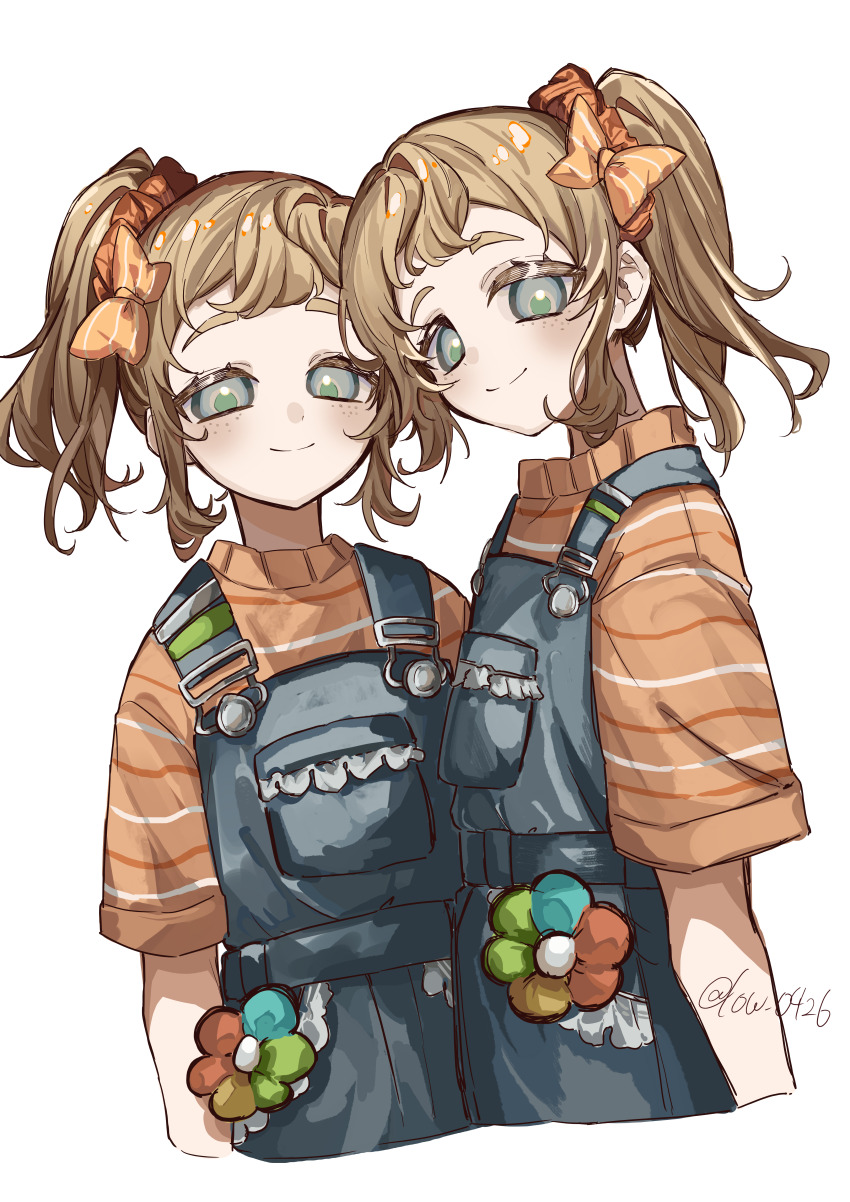 2girls, absurdres, blonde_hair, blue_eyes, blue_overalls, bow, commentary_request, cropped_torso