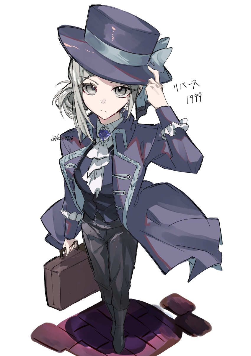 1girl, absurdres, adjusting_clothes, adjusting_headwear, ascot, black_boots, black_pants, black_vest, blue_bow, boater_hat, boots, bow, closed_mouth, coat, collared_shirt, commentary_request, copyright_name, freckles, from_above, full_body, grey_eyes, grey_hair, hair_bun, hand_on_headwear, hat, hat_bow, highres, holding, holding_suitcase, looking_at_viewer, low_(ayn0426), pants, purple_coat, purple_hat, reverse:1999, shirt, short_hair, single_side_bun, solo, standing, suitcase, vertin_(reverse:1999), vest, waistcoat, white_ascot, white_background, white_shirt