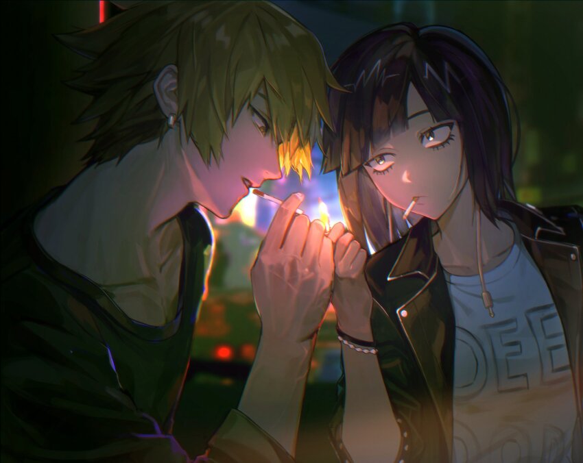 1boy, 1girl, alternate_costume, audio_jack, black_jacket, black_shirt, blonde_hair, boku_no_hero_academia, cigarette, collarbone, dao8_33, earplugs, earrings, hashtag-only_commentary, highres, holding, holding_cigarette, holding_lighter, jacket, jewelry, jiro_kyoka, kaminari_denki, lighter, lighting_cigarette, long_earlobes, long_hair, looking_at_another, purple_hair, shirt, short_hair, upper_body, veins, veiny_arms, veiny_hands, white_shirt