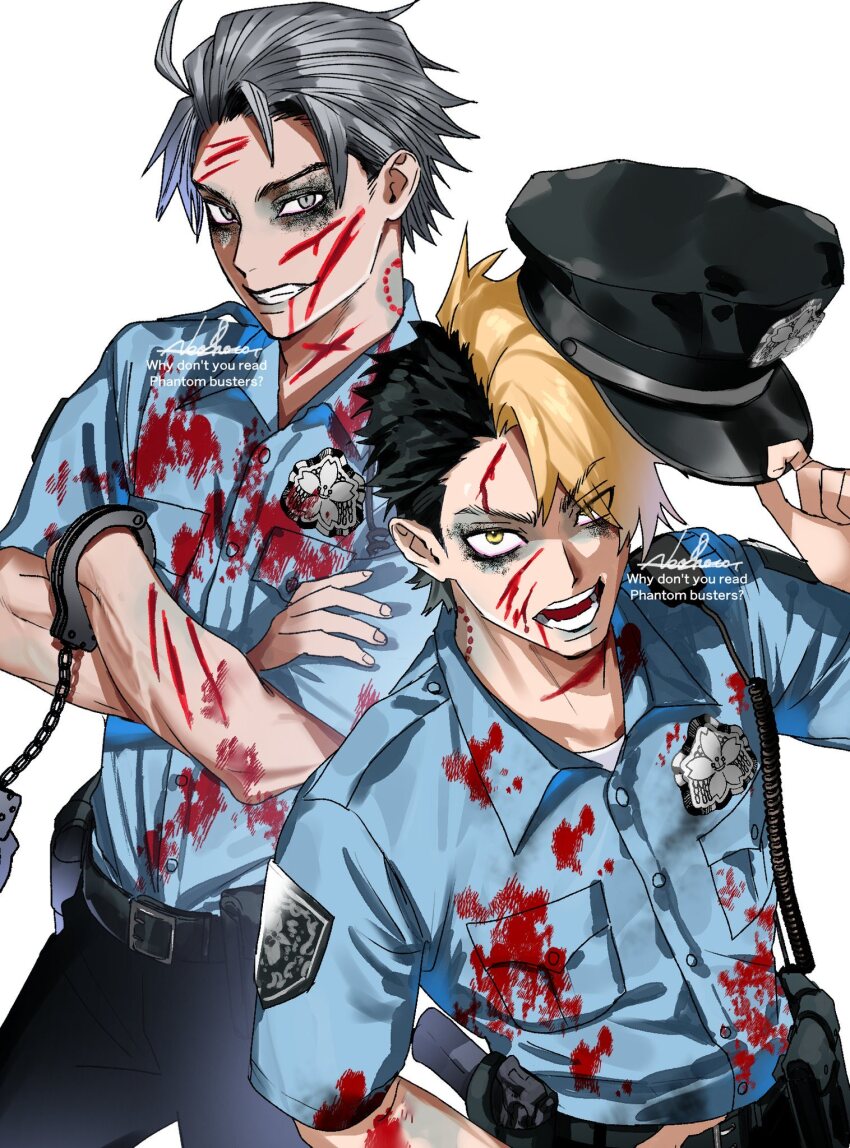 2boys, bite_mark, bite_mark_on_neck, black_hair, black_pants, blonde_hair, blood, blood_on_clothes, blood_on_face, blue_shirt, commentary_request, crossed_arms, grey_hair, hat, highres, looking_at_viewer, makeup, male_focus, multicolored_hair, multiple_boys, neoshoco, official_art, pants, phantom_busters, police, police_hat, police_uniform, runny_makeup, shirt, shirt_tucked_in, short_hair, simple_background, sunao_usami, teeth, two-tone_hair, white_background, wrist_cuffs, yoshiki_nika