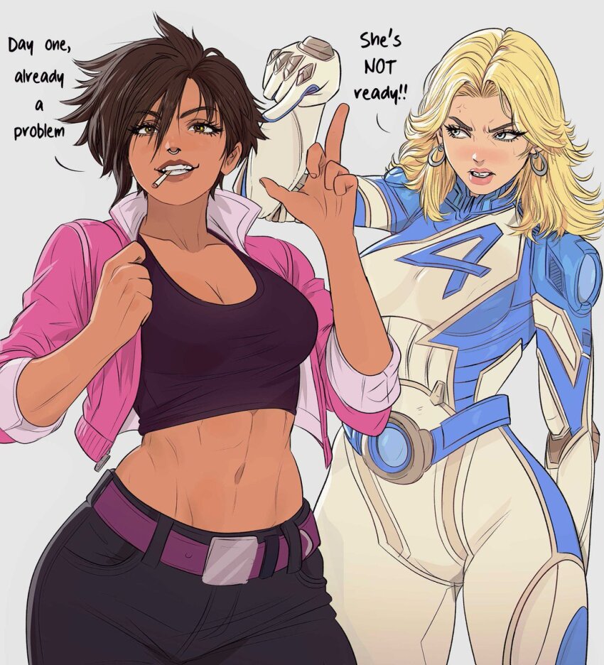 2girls, arm_up, belt, black_shirt, blonde_hair, blue_eyes, bodysuit, breasts