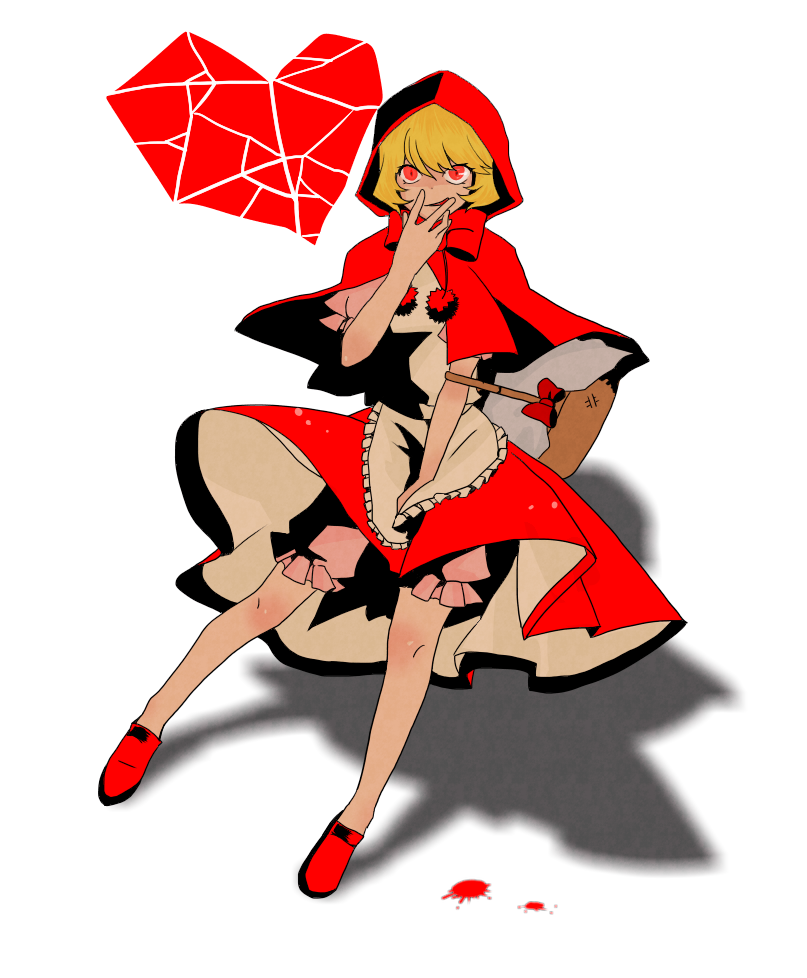 1girl, apron, b.b._hood, basket, blonde_hair, bloomers, broken_glass, capelet, commentary_request, covering_own_mouth, darkstalkers, dress, glass, hand_over_own_mouth, heart, holding_own_dress, hood, hood_up, looking_at_viewer, red_dress, red_eyes, red_hood, solo, tongue, tongue_out, tyag53, underwear