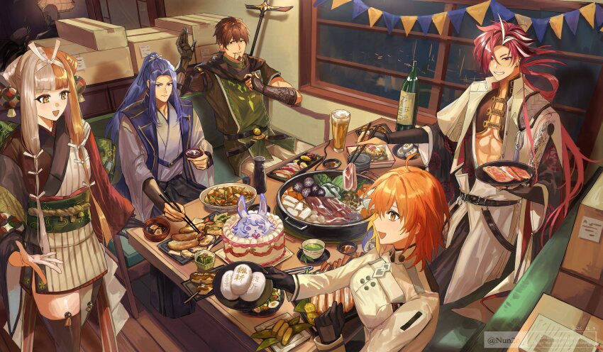 2girls, 3boys, abs, absurdres, ahoge, alcohol, armlet, armor