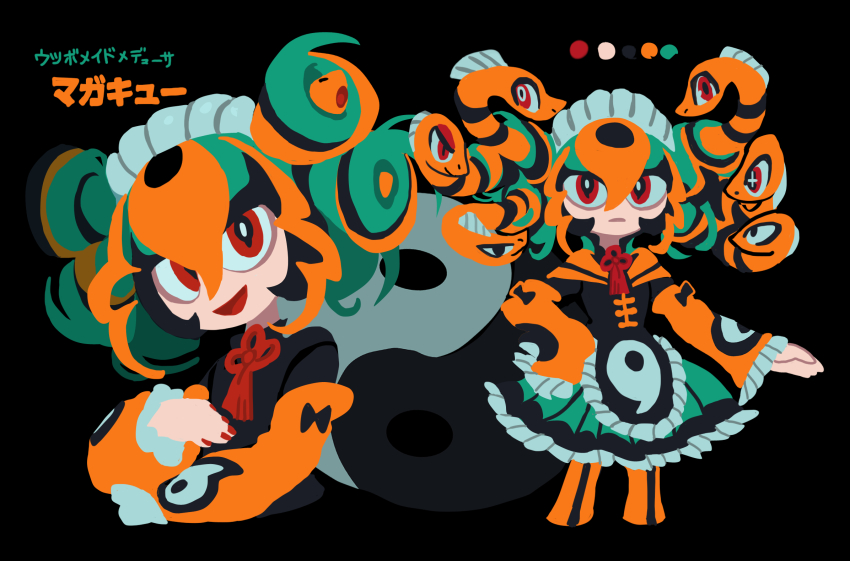 1girl, 2022, :d, apron, ascot, black_background, black_dress, black_hair