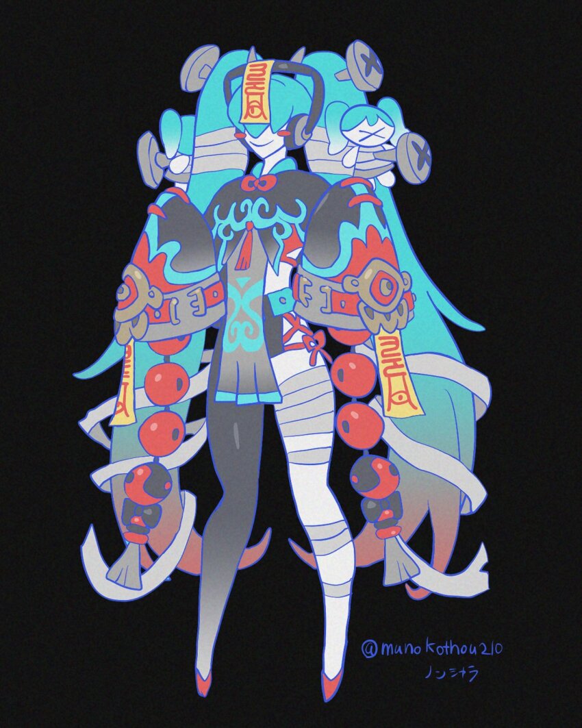 1girl, alternate_costume, artist_name, asymmetrical_clothes, asymmetrical_legwear, bandaged_leg, bandages, black_background