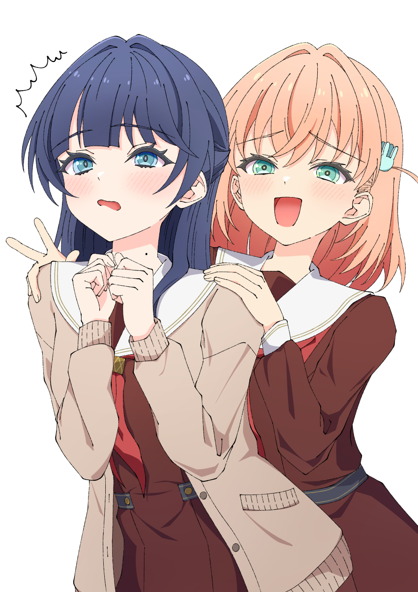 2girls, :d, ^^^, absurdres, aqua_eyes, blue_eyes, blue_hair, brown_cardigan