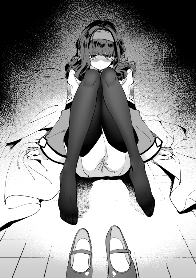 1girl, :|, arm_support, closed_mouth, commentary_request, gunparade_march, hair_intakes, hairband, ishizu_moe, mary_janes, monochrome, no_shoes, pantyhose, pantyhose_under_shorts, shaded_face, shoes, shorts, sitting, unworn_shoes, wavy_hair, yukataro