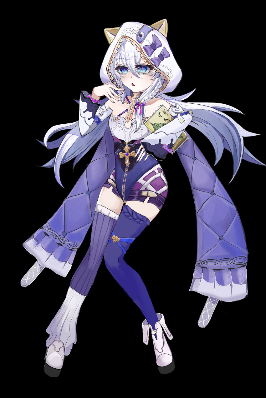 1girl, 63_(lofter_258328038311), absurdres, animal_hood, black_background, blue_eyes, boots, breasts