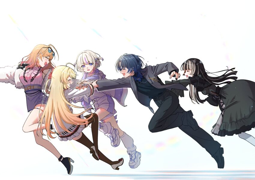 5girls, ahoge, azusamaru, belt, black_hair, black_pants, black_thighhighs, blazer