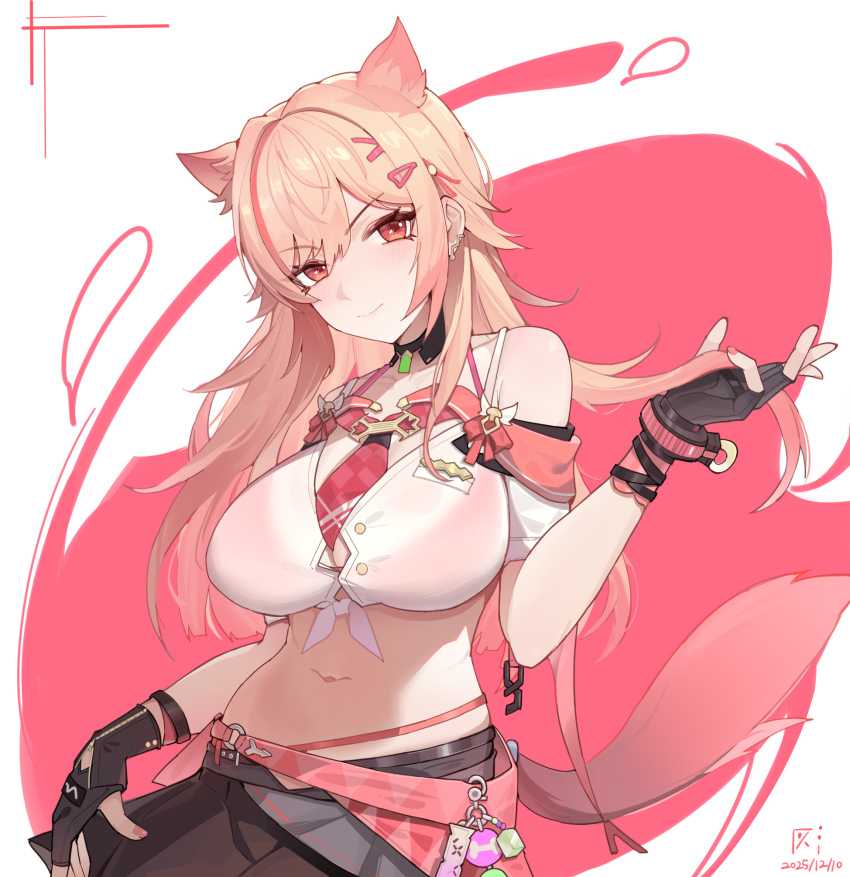 1girl, animal_ears, bare_shoulders, belt, black_gloves, black_skirt, blonde_hair, bra