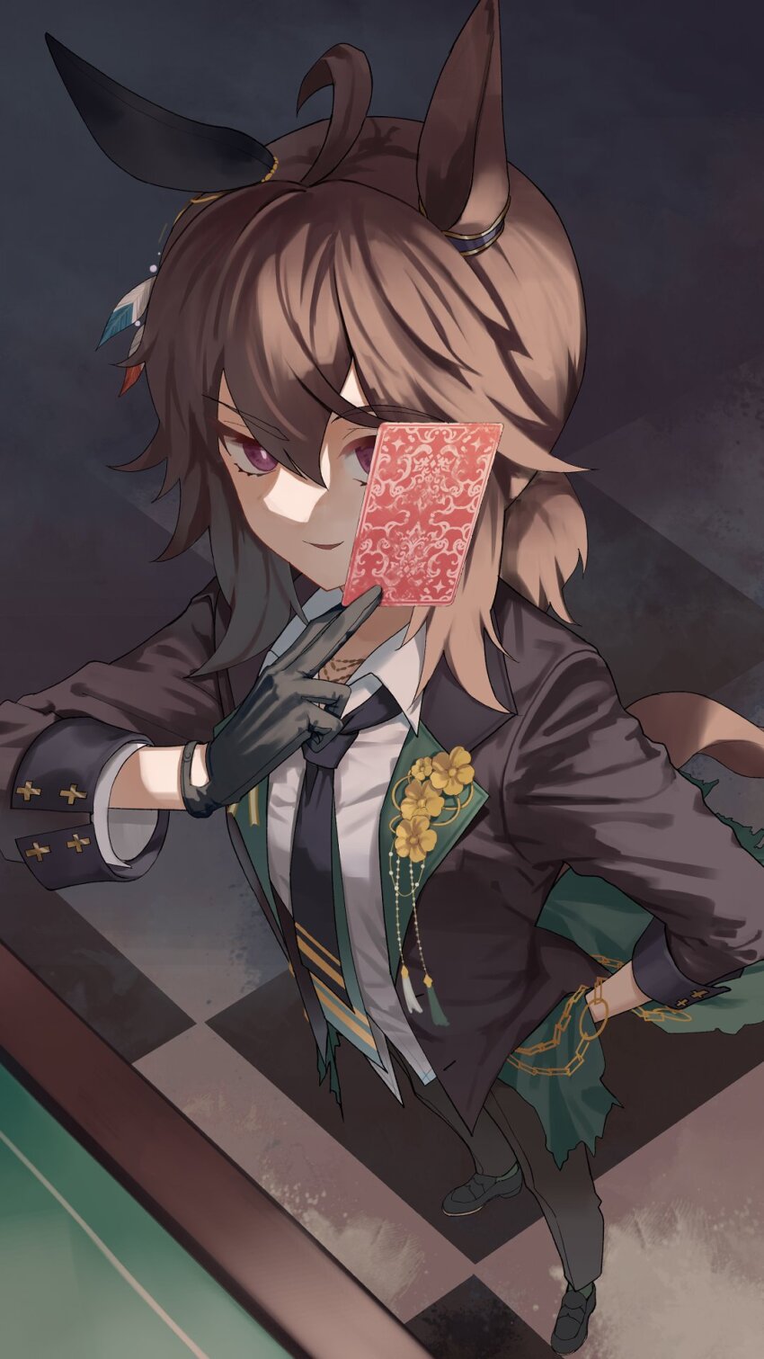 1girl, ahoge, animal_ears, black_jacket, black_necktie, black_pants, brown_hair, card