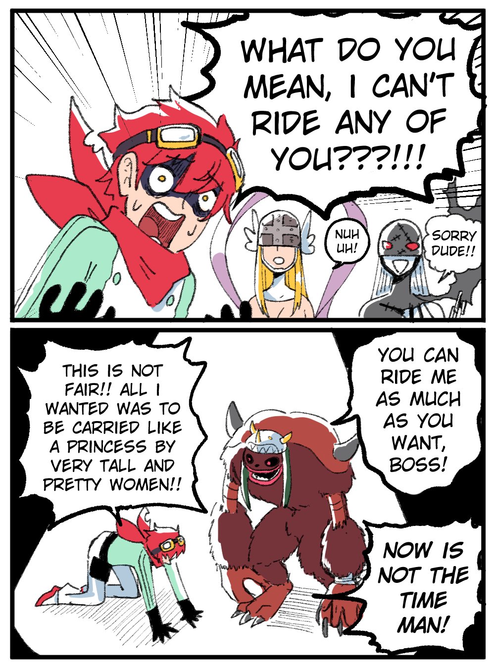 !, 2boys, 2girls, angel, angel_girl, angewomon, bare_shoulders, demon_girl, digimon, digimon_(creature), digimon_story:_time_stranger, emphasis_lines, english_text, fallen_angel, from_side, frustrated, full_body, gameplay_mechanics, hetero, highres, horns, ladydevimon, long_hair, looking_at_another, makeup, multiple_boys, multiple_girls, pervert, red_hair, short_hair, simple_background, smile, very_long_hair, wanderjegson, wendimon, white_background, wings, yuuki_dan