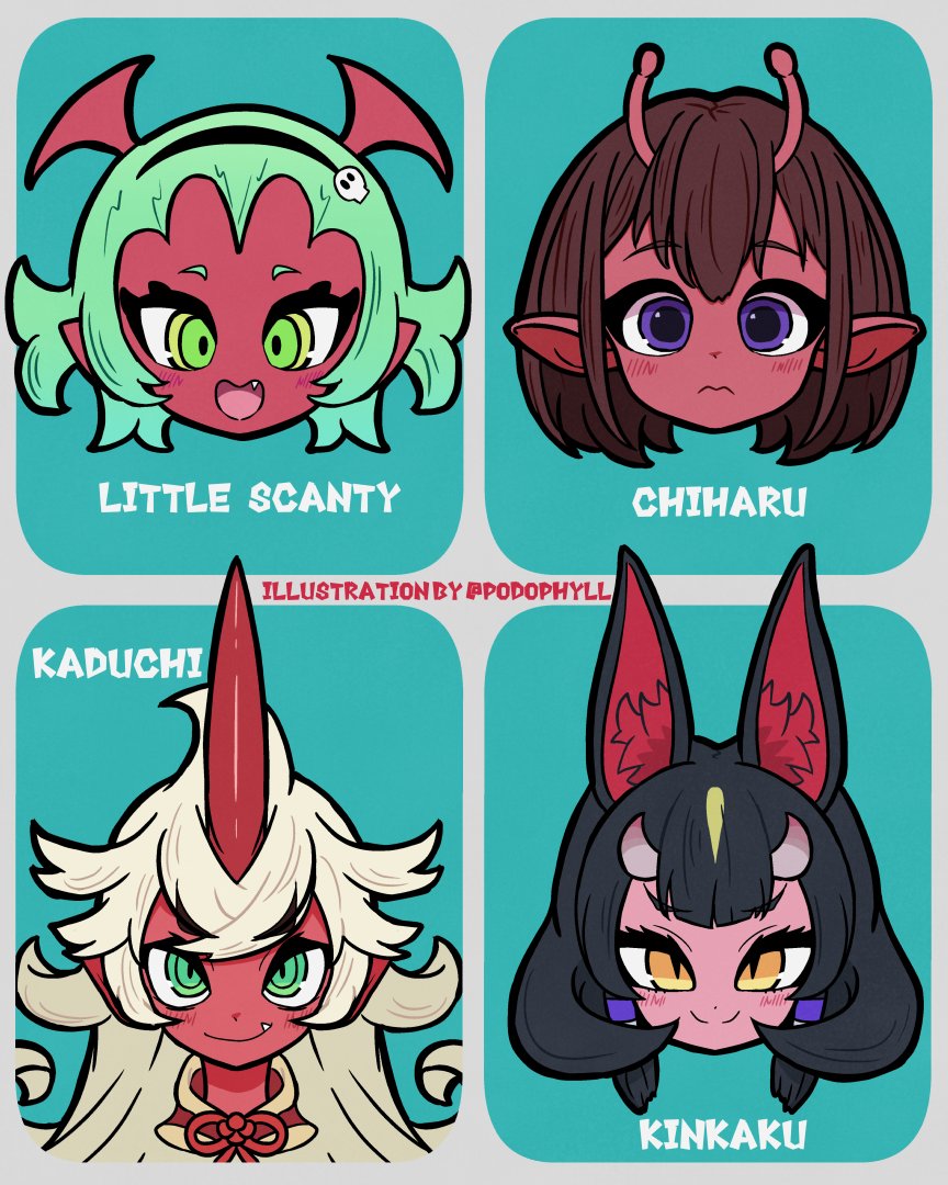 4girls, animal_ears, black_hair, blue_background, blue_eyes, brown_hair, colored_skin, commentary