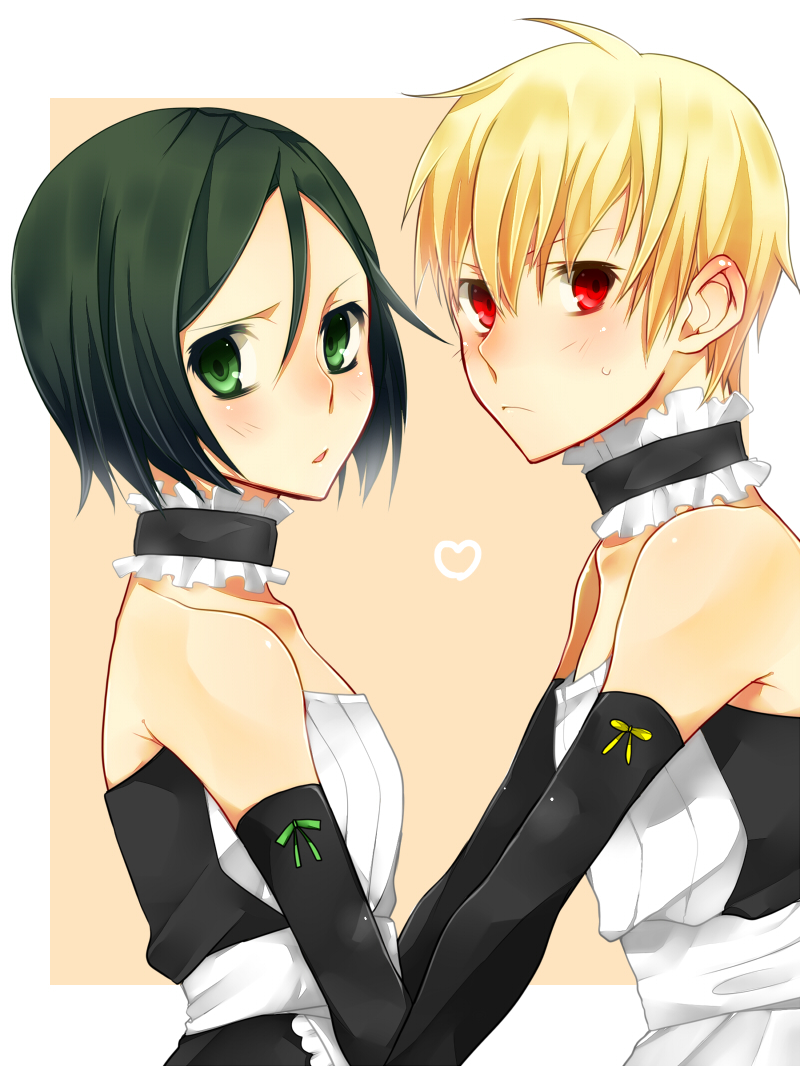 2boys, bad_id, bad_pixiv_id, bare_shoulders, black_hair, blonde_hair, blush, bob_cut