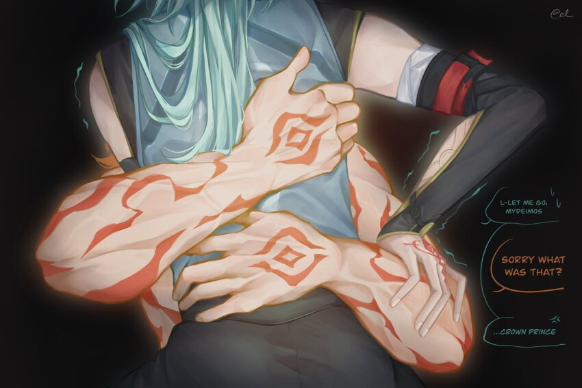 2boys, anaxa_(honkai:_star_rail), arm_tattoo, arms_around_another's_back, black_background, black_gloves, black_pants, commentary, el_(sailunadoods), elbow_gloves, english_commentary, english_text, from_behind, gloves, green_hair, hand_tattoo, highres, honkai:_star_rail, honkai_(series), hug, layered_clothes, long_hair, male_focus, multiple_boys, mydei_(honkai:_star_rail), pants, photo-referenced, red_tattoo, shirt, short_sleeves, sleeveless, sleeveless_shirt, speech_bubble, tattoo, yaoi