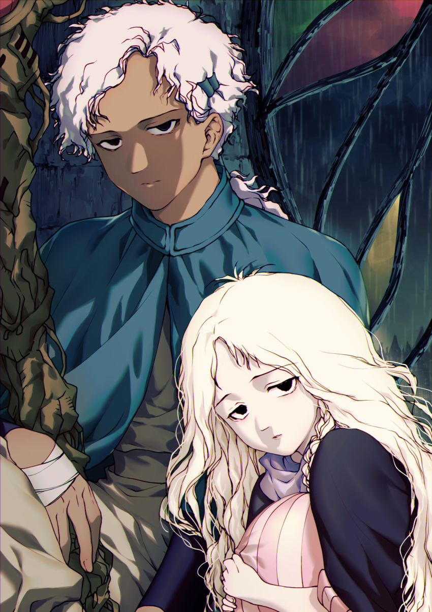 1boy, 1girl, black_eyes, blue_cloak, boy_(tenshi_no_tamago), braid, cloak, commentary_request